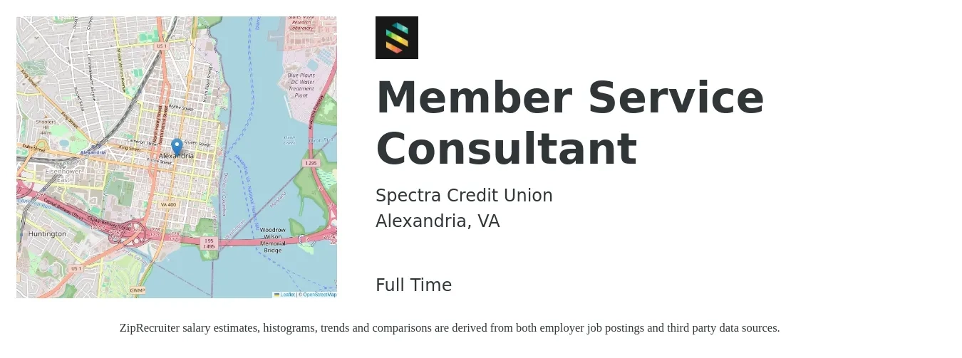 Spectra Credit Union job posting for a Member Service Consultant in Alexandria, VA with a salary of $50,600 to $84,000 Yearly with a map of Alexandria location.