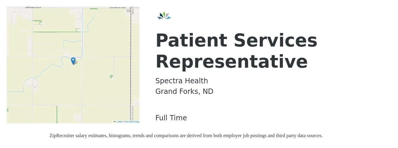 Spectra Health job posting for a Patient Services Representative in Grand Forks, ND with a salary of $16 to $18 Hourly with a map of Grand Forks location.