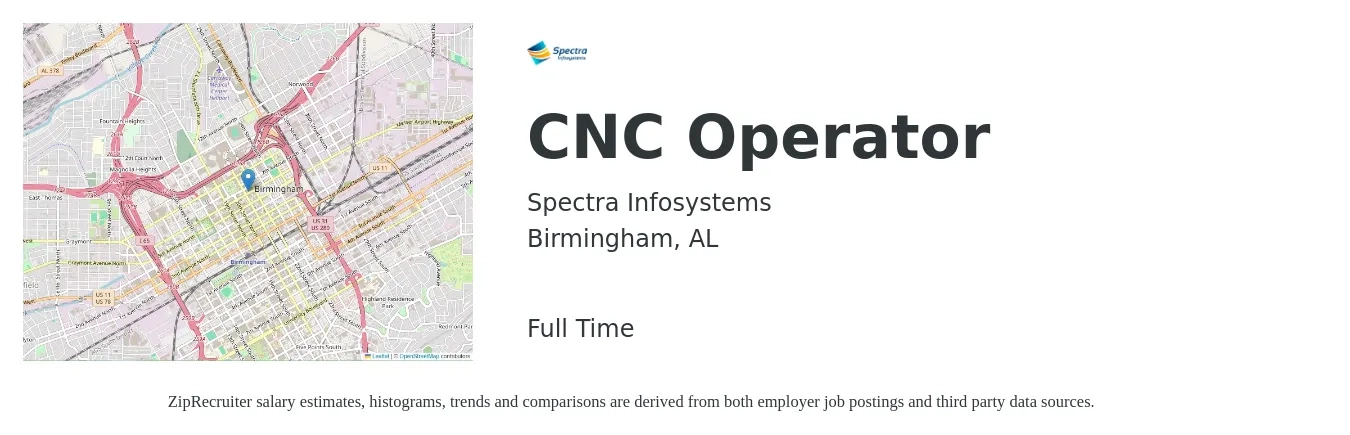 Spectra Infosystems job posting for a CNC Operator in Birmingham, AL with a salary of $19 to $26 Hourly with a map of Birmingham location.