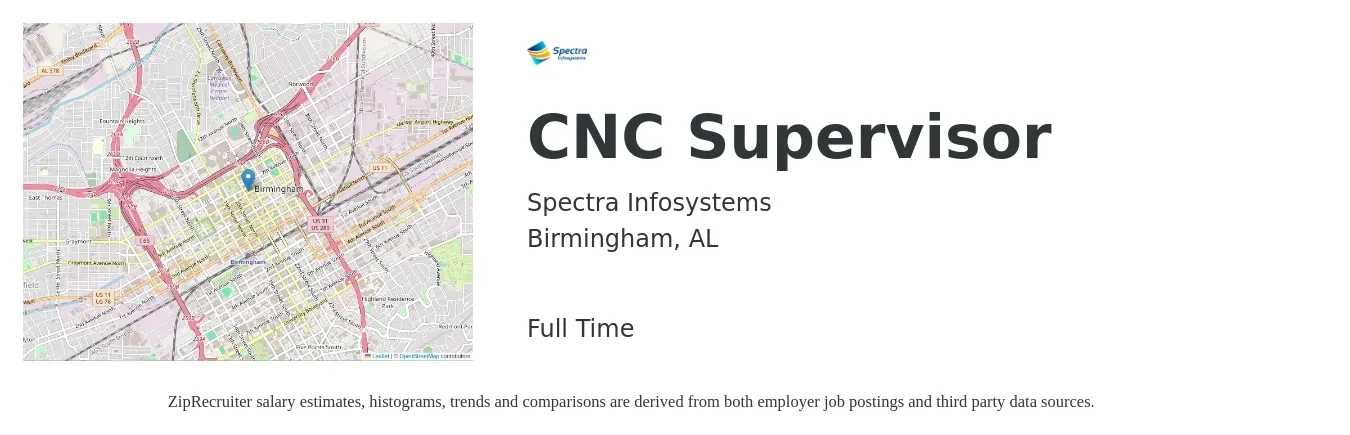 Spectra Infosystems job posting for a CNC Supervisor in Birmingham, AL with a salary of $56,200 to $80,600 Yearly with a map of Birmingham location.