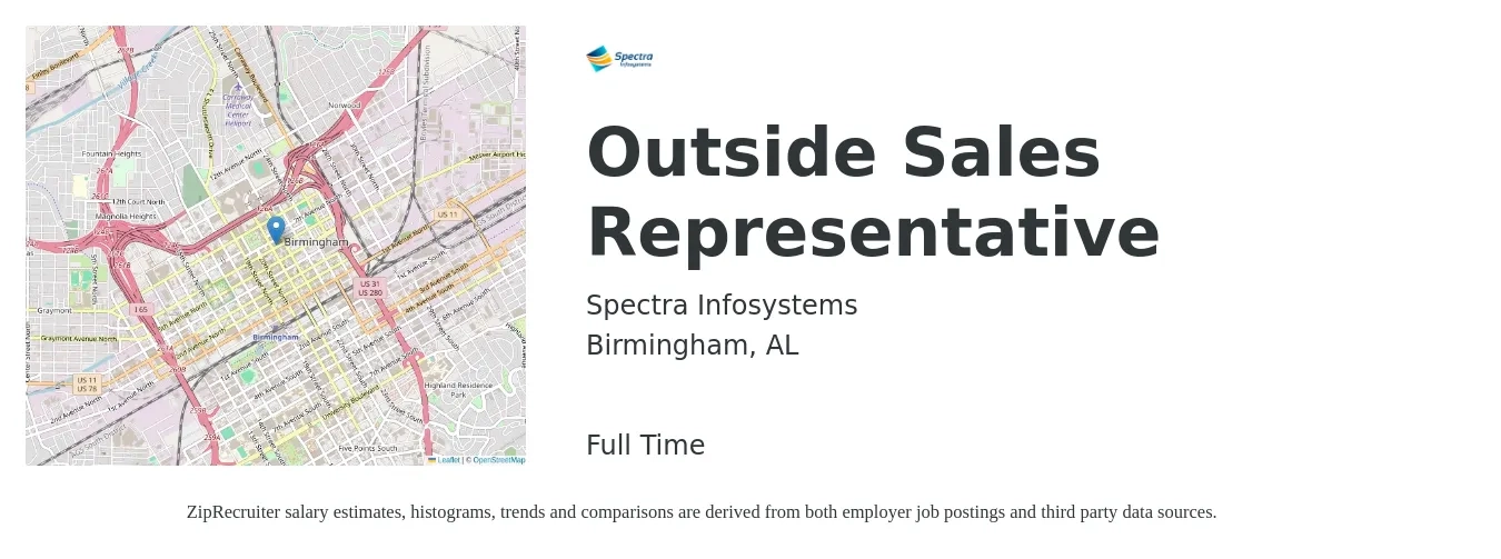 Spectra Infosystems job posting for a Outside Sales Representative in Birmingham, AL with a salary of $49,200 to $84,300 Yearly with a map of Birmingham location.