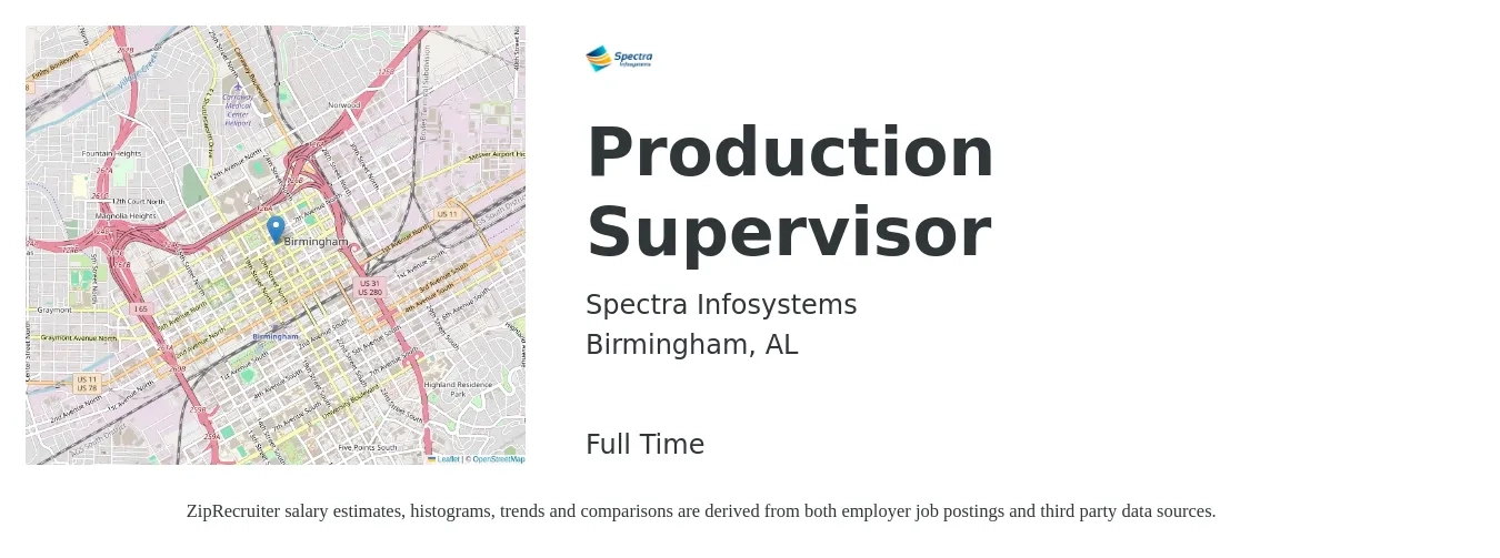 Spectra Infosystems job posting for a Production Supervisor in Birmingham, AL with a salary of $52,500 to $75,400 Yearly with a map of Birmingham location.