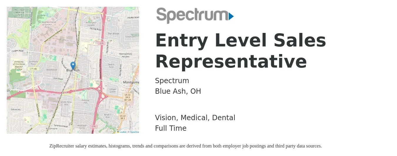 Spectrum job posting for a Entry Level Sales Representative in Blue Ash, OH with a salary of $43,200 to $69,300 Yearly and benefits including dental, life_insurance, medical, retirement, and vision with a map of Blue Ash location.