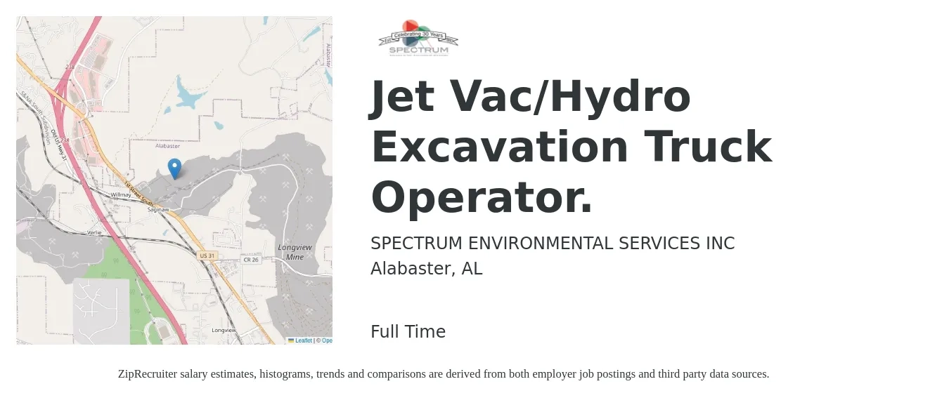 SPECTRUM ENVIRONMENTAL SERVICES INC job posting for a Jet Vac/Hydro Excavation Truck Operator. in Alabaster, AL with a salary of $16 to $22 Hourly with a map of Alabaster location.