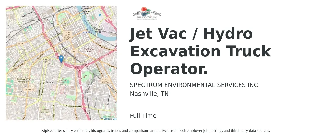 SPECTRUM ENVIRONMENTAL SERVICES INC job posting for a Jet Vac / Hydro Excavation Truck Operator. in Nashville, TN with a salary of $18 to $25 Hourly with a map of Nashville location.