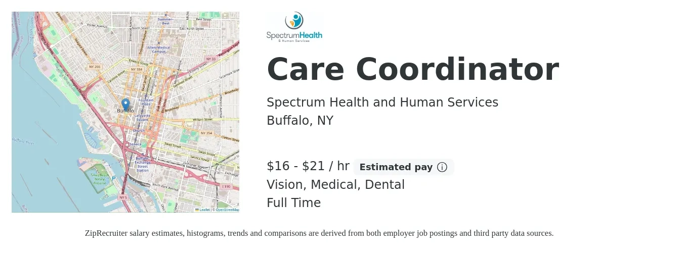 Spectrum Health and Human Services job posting for a Care Coordinator in Buffalo, NY with a salary of $17 to $22 Hourly and benefits including dental, life_insurance, medical, retirement, and vision with a map of Buffalo location.