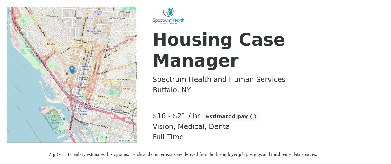 Spectrum Health and Human Services job posting for a Housing Case Manager in Buffalo, NY with a salary of $17 to $22 Hourly and benefits including retirement, vision, dental, life_insurance, and medical with a map of Buffalo location.
