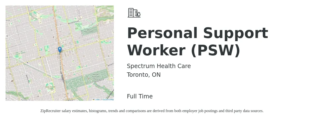 Spectrum Health Care job posting for a Personal Support Worker (PSW) in Toronto, ON with a salary of $24 to $26 Hourly with a map of Toronto location.