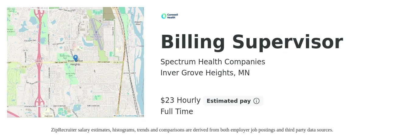 Spectrum Health Companies job posting for a Billing Supervisor in Inver Grove Heights, MN with a salary of $54,300 to $77,200 Yearly with a map of Inver Grove Heights location.