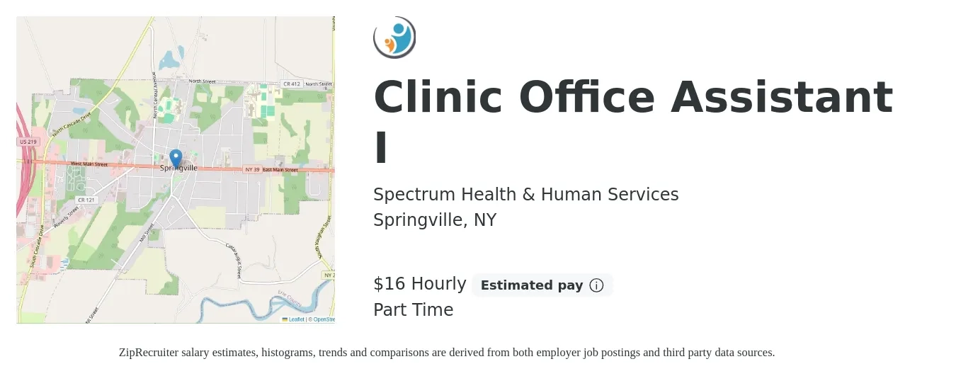 Spectrum Health & Human Services job posting for a Clinic Office Assistant I in Springville, NY with a salary of $17 Hourly with a map of Springville location.