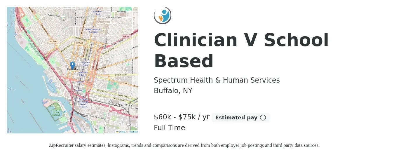 Spectrum Health & Human Services job posting for a Clinician V School Based in Buffalo, NY with a salary of $60,000 to $75,000 Yearly with a map of Buffalo location.