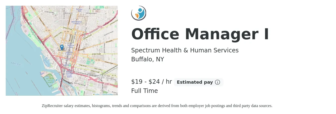 Spectrum Health & Human Services job posting for a Office Manager I in Buffalo, NY with a salary of $20 to $26 Hourly with a map of Buffalo location.