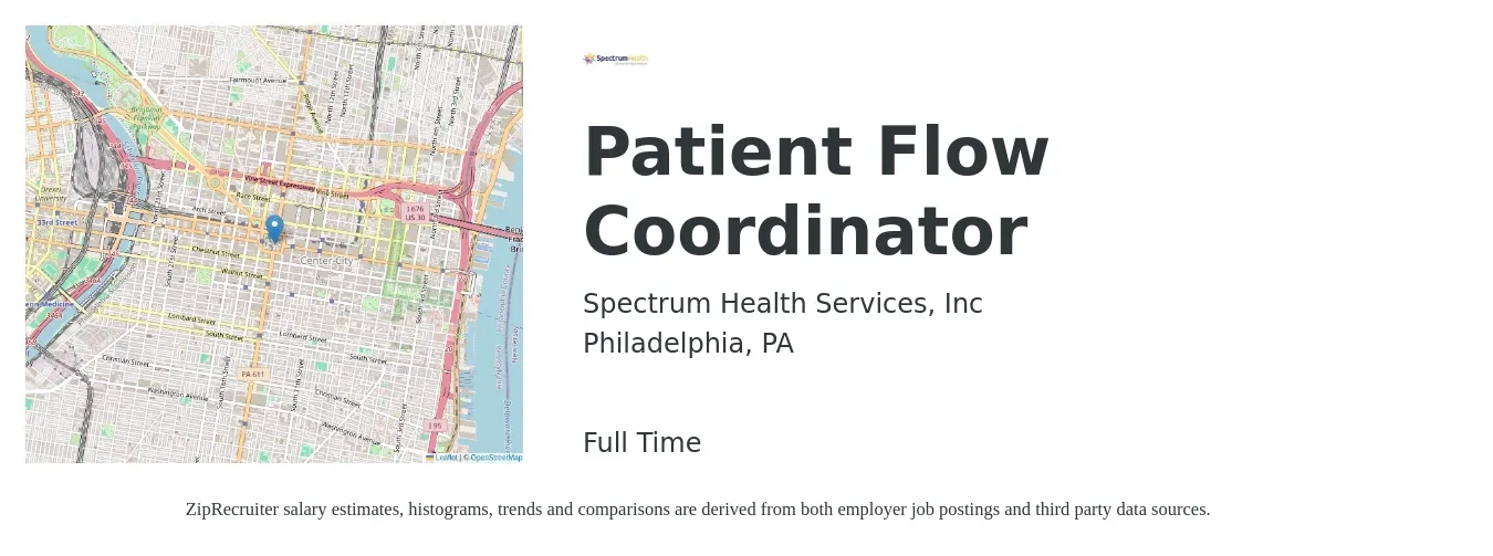 Spectrum Health Services, Inc. job posting for a Patient Flow Coordinator in Philadelphia, PA with a salary of $84,300 to $92,300 Yearly with a map of Philadelphia location.