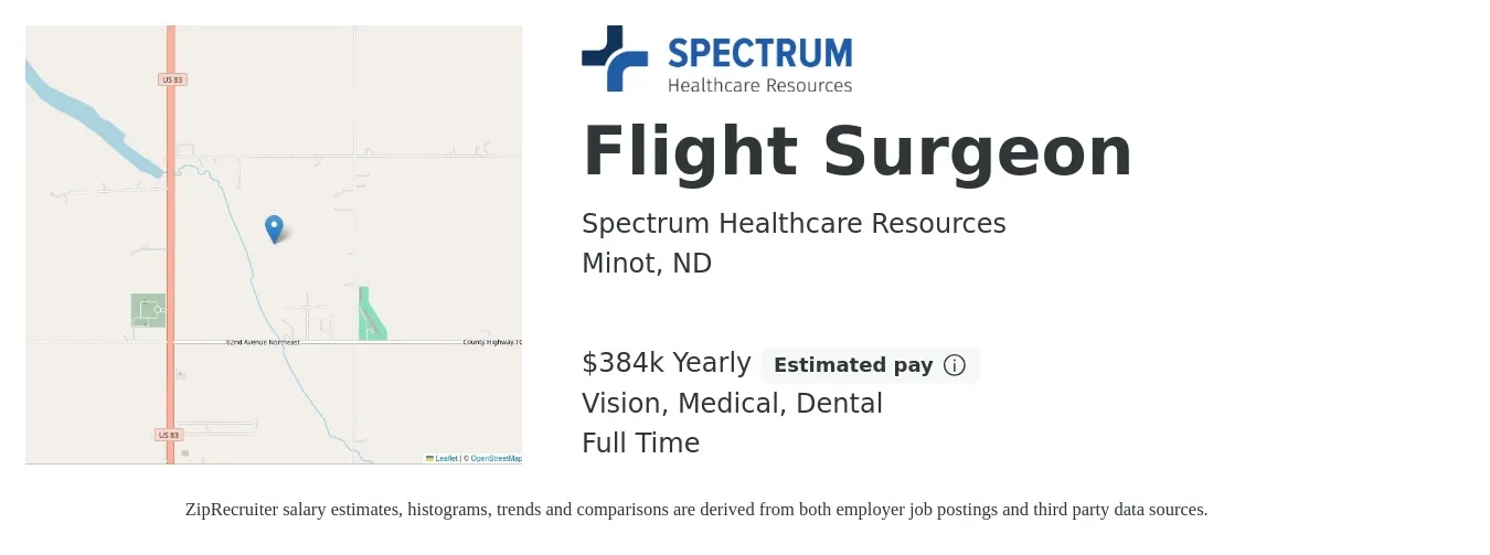Spectrum Healthcare Resources job posting for a Flight Surgeon in Minot, ND with a salary of $157,100 Yearly and benefits including dental, medical, pto, retirement, and vision with a map of Minot location.