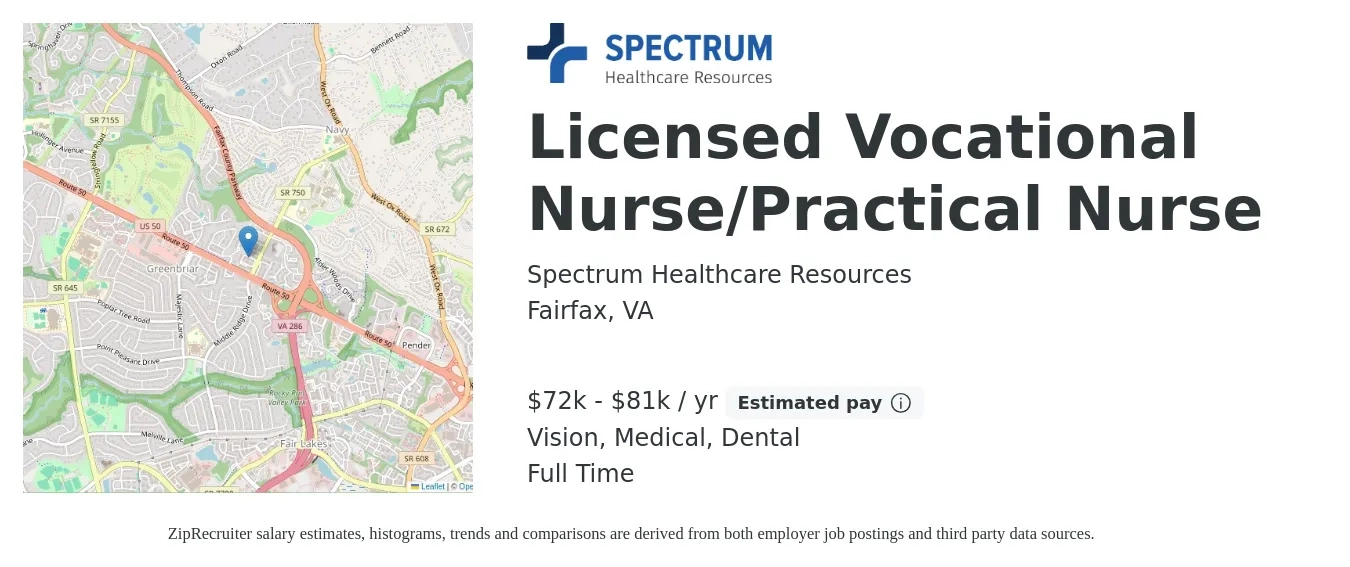 Spectrum Healthcare Resources job posting for a Licensed Vocational Nurse/Practical Nurse in Fairfax, VA with a salary of $1,230 to $1,730 Weekly and benefits including dental, medical, pto, retirement, and vision with a map of Fairfax location.