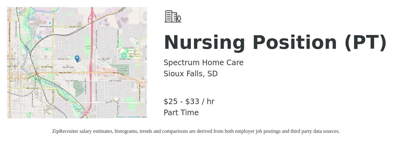 Spectrum Home Care job posting for a Nursing Position (PT) in Sioux Falls, SD with a salary of $27 to $35 Hourly with a map of Sioux Falls location.