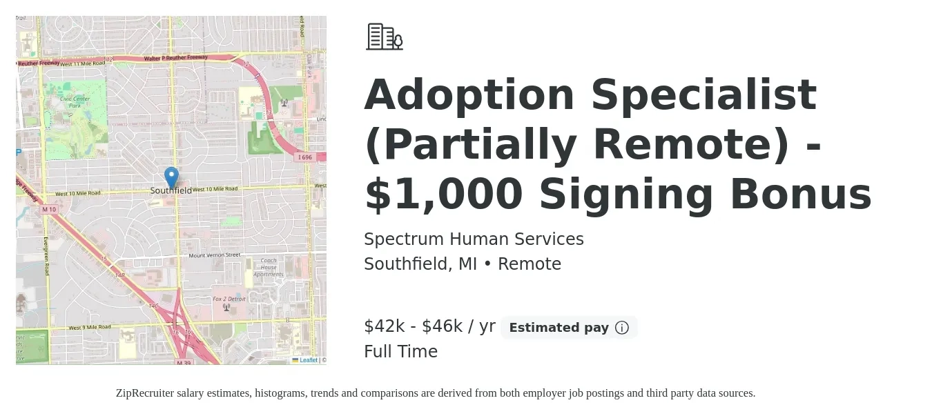 Spectrum Human Services job posting for a Adoption Specialist (Partially Remote) - $1,000 Signing Bonus in Southfield, MI with a salary of $42,000 to $46,000 Yearly with a map of Southfield location.