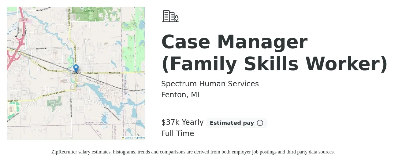 Spectrum Human Services job posting for a Case Manager (Family Skills Worker) in Fenton, MI with a salary of $37,000 Yearly with a map of Fenton location.