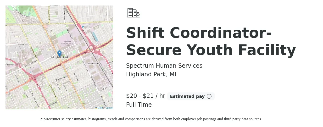 Spectrum Human Services job posting for a Shift Coordinator- Secure Youth Facility in Highland Park, MI with a salary of $21 to $22 Hourly with a map of Highland Park location.