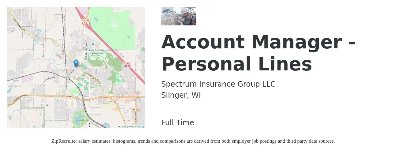 Spectrum Insurance Group LLC job posting for a Account Manager - Personal Lines in Slinger, WI with a salary of $46,100 to $62,500 Yearly with a map of Slinger location.