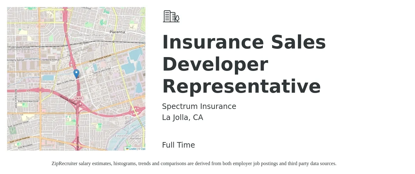 Spectrum Insurance job posting for a Insurance Sales Developer Representative in La Jolla, CA with a salary of $40,900 to $61,900 Yearly with a map of La Jolla location.