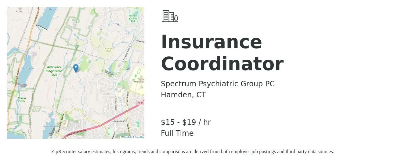 Spectrum Psychiatric Group PC job posting for a Insurance Coordinator in Hamden, CT with a salary of $16 to $20 Hourly with a map of Hamden location.