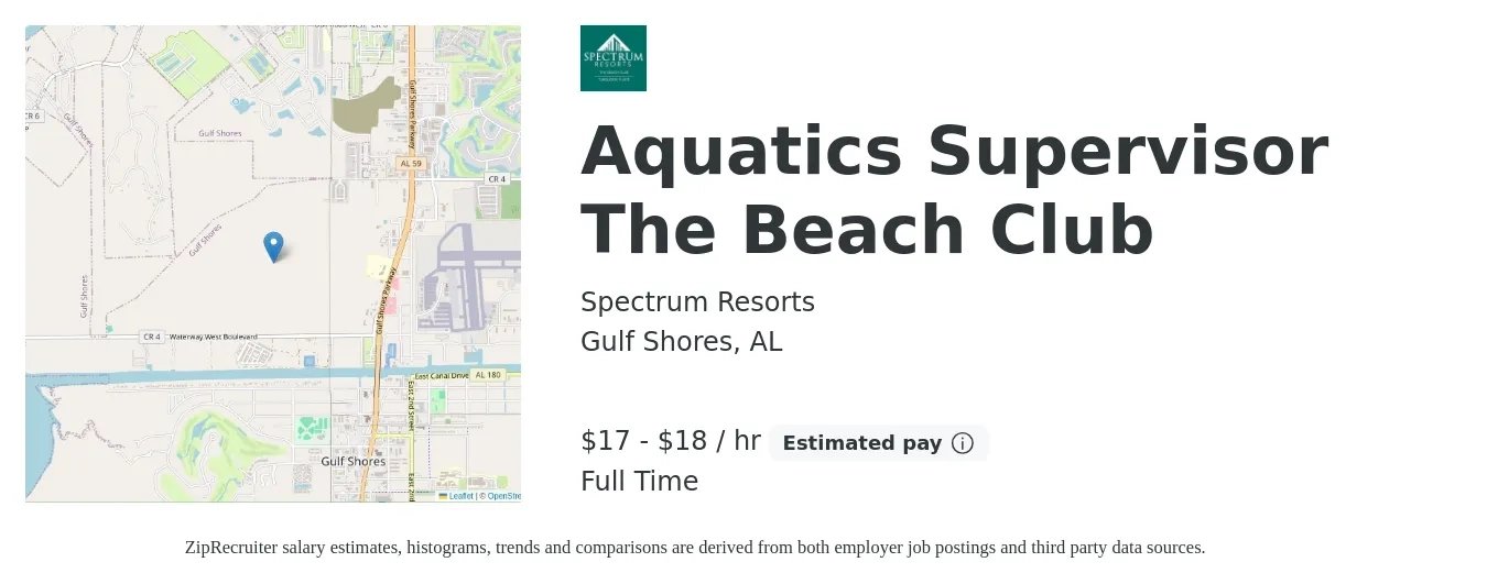 Spectrum Resorts job posting for a Aquatics Supervisor The Beach Club in Gulf Shores, AL with a salary of $18 to $19 Hourly with a map of Gulf Shores location.