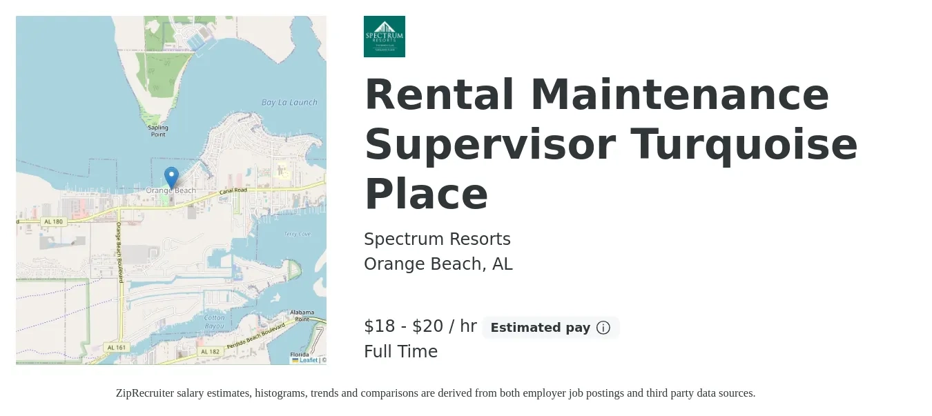Spectrum Resorts job posting for a Rental Maintenance Supervisor Turquoise Place in Orange Beach, AL with a salary of $19 to $21 Hourly with a map of Orange Beach location.