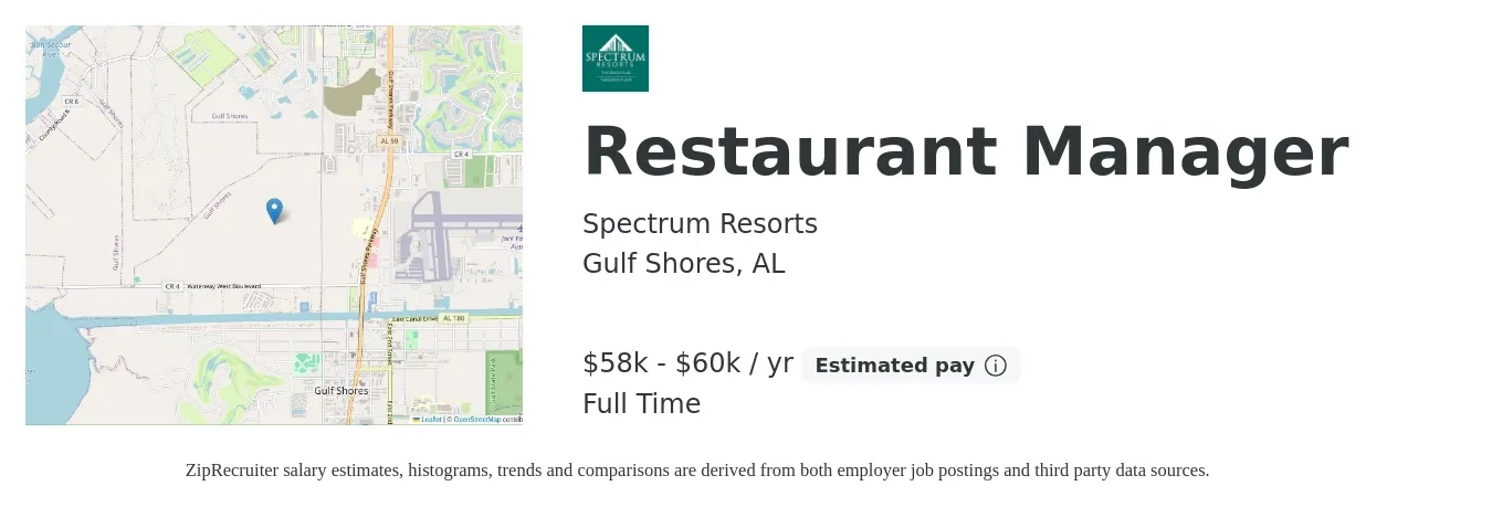 Spectrum Resorts job posting for a Restaurant Manager in Gulf Shores, AL with a salary of $58,000 to $60,000 Yearly with a map of Gulf Shores location.