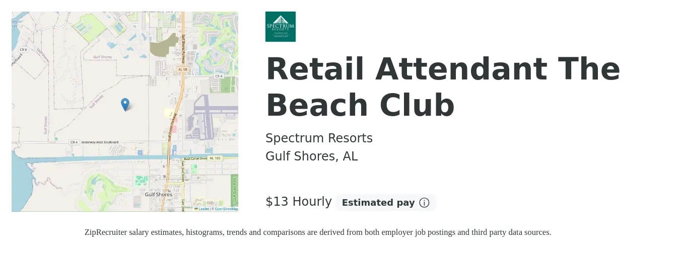 Spectrum Resorts job posting for a Retail Attendant The Beach Club in Gulf Shores, AL with a salary of $14 Hourly with a map of Gulf Shores location.