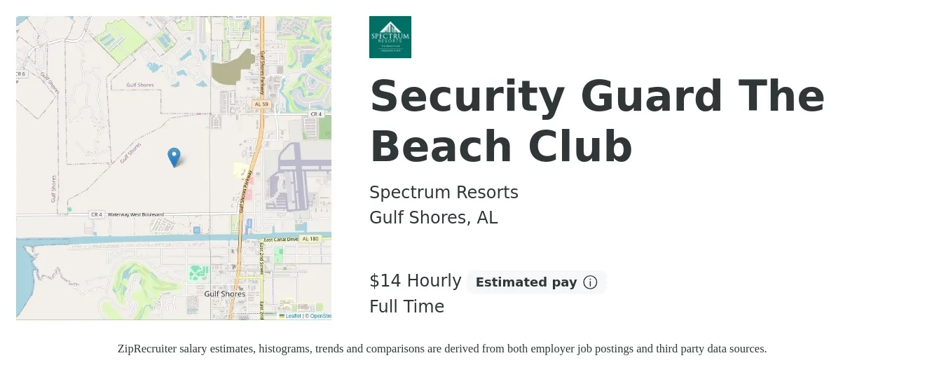 Spectrum Resorts job posting for a Security Guard The Beach Club in Gulf Shores, AL with a salary of $15 Hourly with a map of Gulf Shores location.