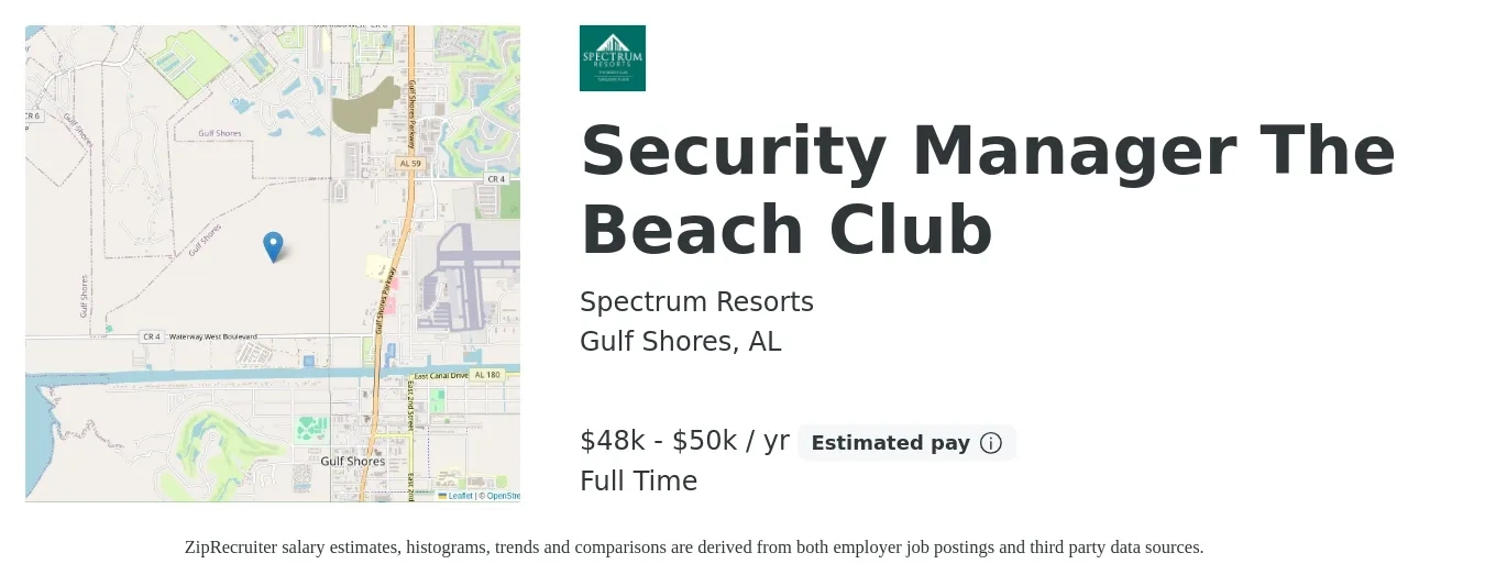 Spectrum Resorts job posting for a Security Manager The Beach Club in Gulf Shores, AL with a salary of $48,000 to $50,000 Yearly with a map of Gulf Shores location.
