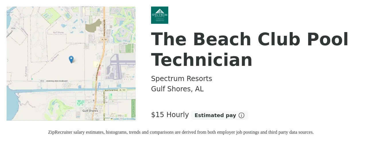 Spectrum Resorts job posting for a The Beach Club Pool Technician in Gulf Shores, AL with a salary of $16 Hourly with a map of Gulf Shores location.
