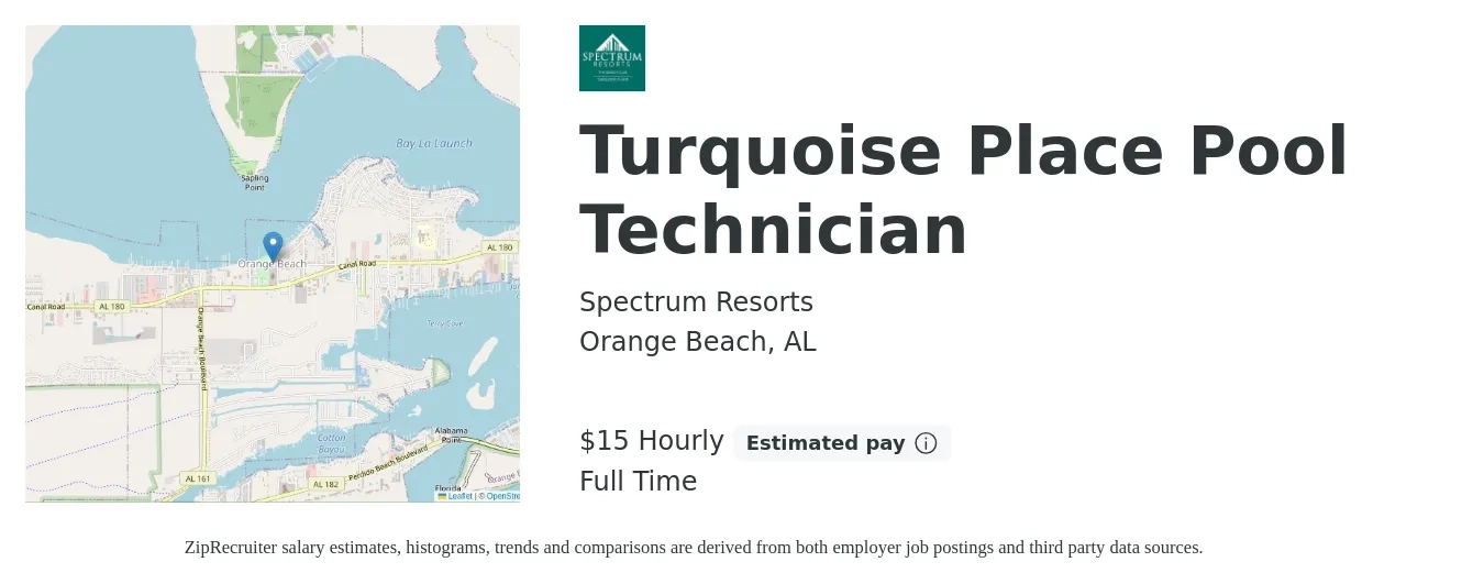 Spectrum Resorts job posting for a Turquoise Place Pool Technician in Orange Beach, AL with a salary of $16 Hourly with a map of Orange Beach location.