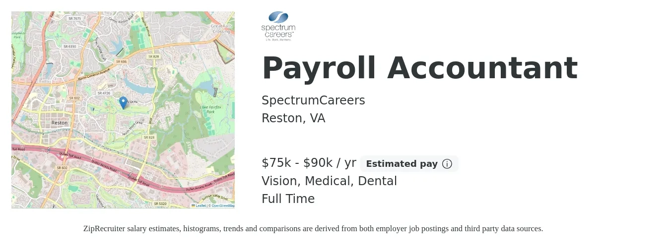 SpectrumCareers job posting for a Payroll Accountant in Reston, VA with a salary of $75,000 to $90,000 Yearly and benefits including life_insurance, medical, pto, retirement, vision, and dental with a map of Reston location.