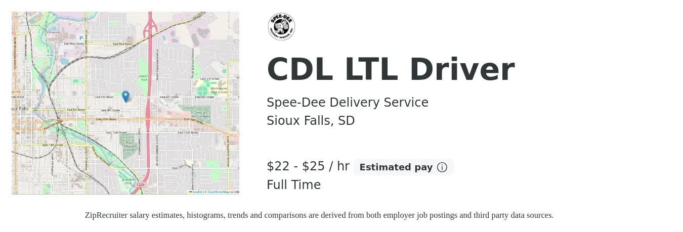 Spee-Dee Delivery Service job posting for a CDL LTL Driver in Sioux Falls, SD with a salary of $23 to $27 Hourly with a map of Sioux Falls location.