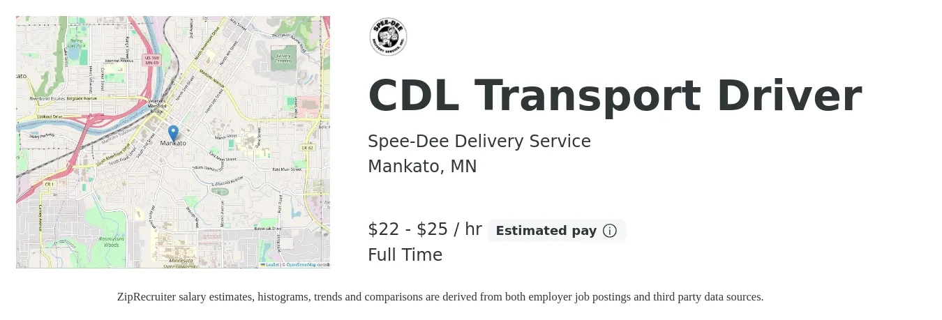 Spee-Dee Delivery Service job posting for a CDL Transport Driver in Mankato, MN with a salary of $23 to $27 Hourly with a map of Mankato location.