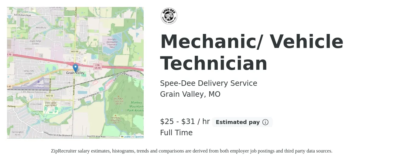 Spee-Dee Delivery Service job posting for a Mechanic/ Vehicle Technician in Grain Valley, MO with a salary of $26 to $33 Hourly with a map of Grain Valley location.