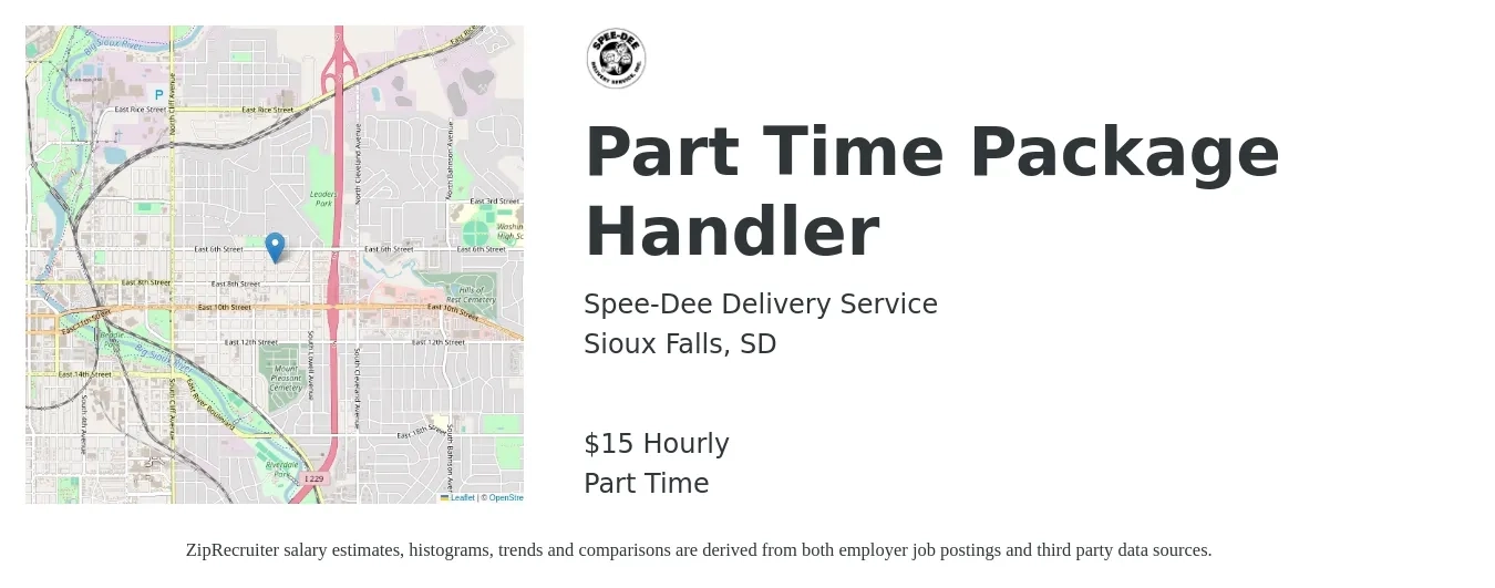 Spee-Dee Delivery Service job posting for a Part Time Package Handler in Sioux Falls, SD with a salary of $16 Hourly with a map of Sioux Falls location.