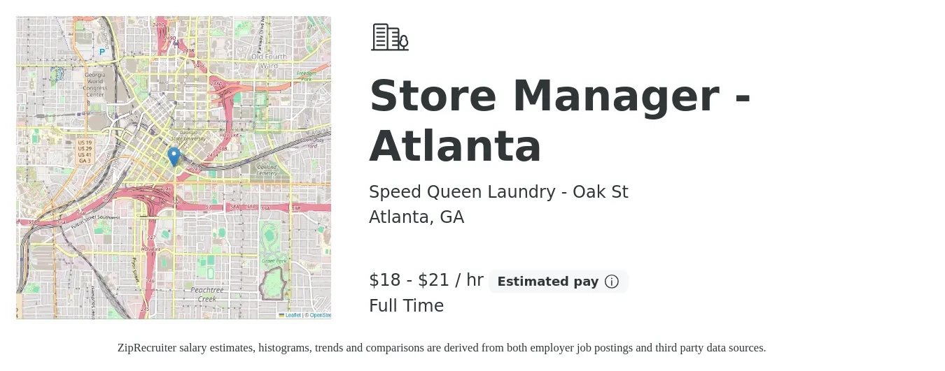 Speed Queen Laundry - Oak St job posting for a Store Manager - Atlanta in Atlanta, GA with a salary of $19 to $22 Hourly with a map of Atlanta location.