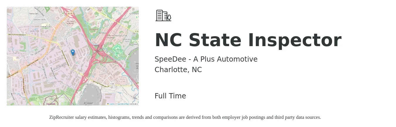 SpeeDee - A Plus Automotive job posting for a NC State Inspector in Charlotte, NC with a salary of $16 to $38 Hourly with a map of Charlotte location.