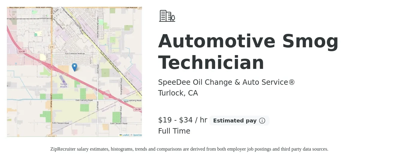 SpeeDee Oil Change & Auto Service® job posting for a Automotive Smog Technician in Turlock, CA with a salary of $20 to $36 Hourly and benefits including pto with a map of Turlock location.