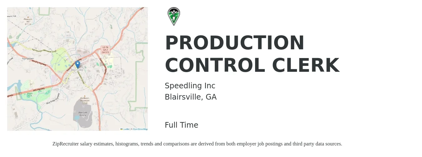 Speedling Inc job posting for a PRODUCTION CONTROL CLERK in Blairsville, GA with a salary of $10 to $16 Hourly with a map of Blairsville location.