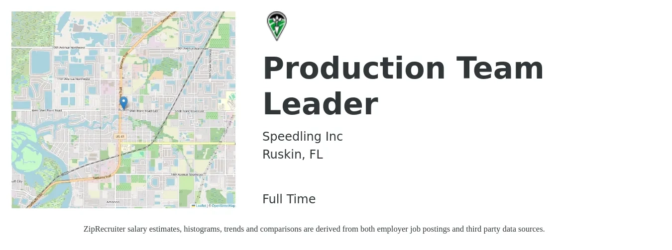Speedling Inc job posting for a Production Team Leader in Ruskin, FL with a salary of $17 to $23 Hourly with a map of Ruskin location.
