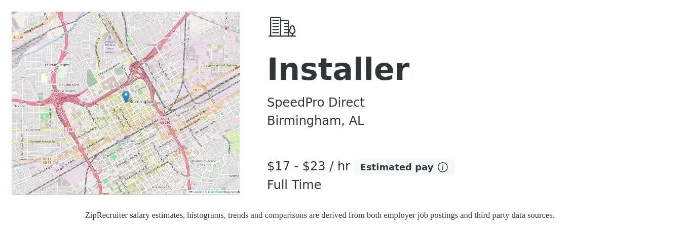 SpeedPro Direct job posting for a Installer in Birmingham, AL with a salary of $18 to $24 Hourly with a map of Birmingham location.