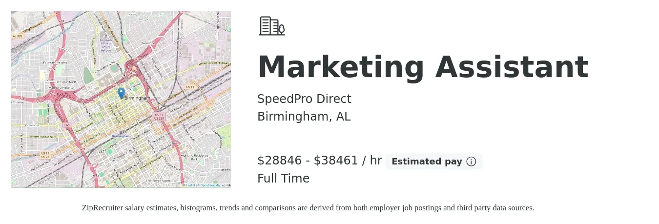 SpeedPro Direct job posting for a Marketing Assistant in Birmingham, AL with a salary of $30,000 to $40,000 Hourly with a map of Birmingham location.