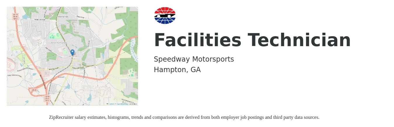 Speedway Motorsports job posting for a Facilities Technician in Hampton, GA with a salary of $19 to $27 Hourly with a map of Hampton location.
