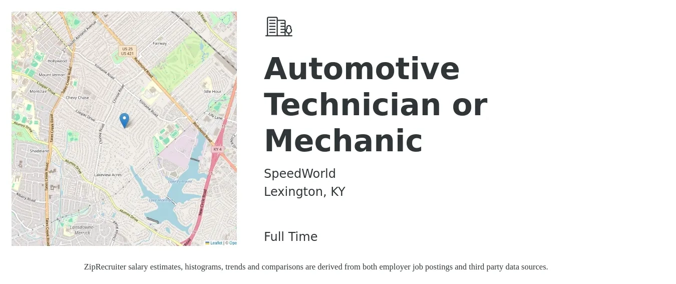 SpeedWorld job posting for a Automotive Technician or Mechanic in Lexington, KY with a salary of $19 to $30 Hourly with a map of Lexington location.