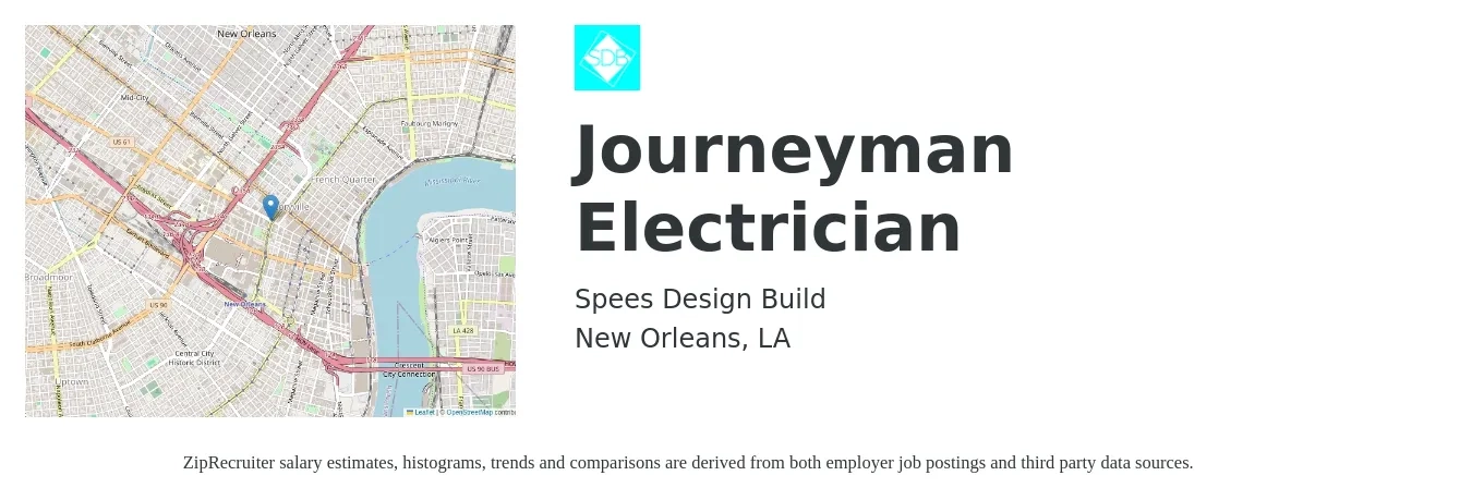 Spees Design Build job posting for a Journeyman Electrician in New Orleans, LA with a salary of $27 to $36 Hourly with a map of New Orleans location.