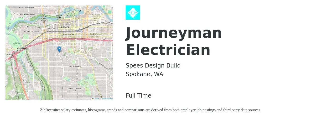 Spees Design Build job posting for a Journeyman Electrician in Spokane, WA with a salary of $28 to $38 Hourly with a map of Spokane location.